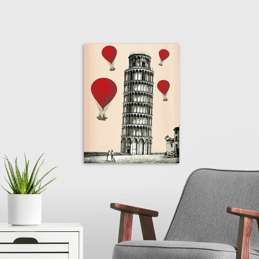 A modern room featuring Tower of Pisa and Red Hot Air Balloons