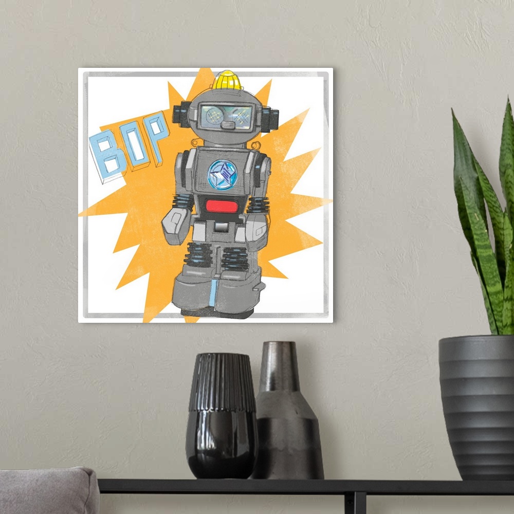 A modern room featuring Toy Tin Robots II