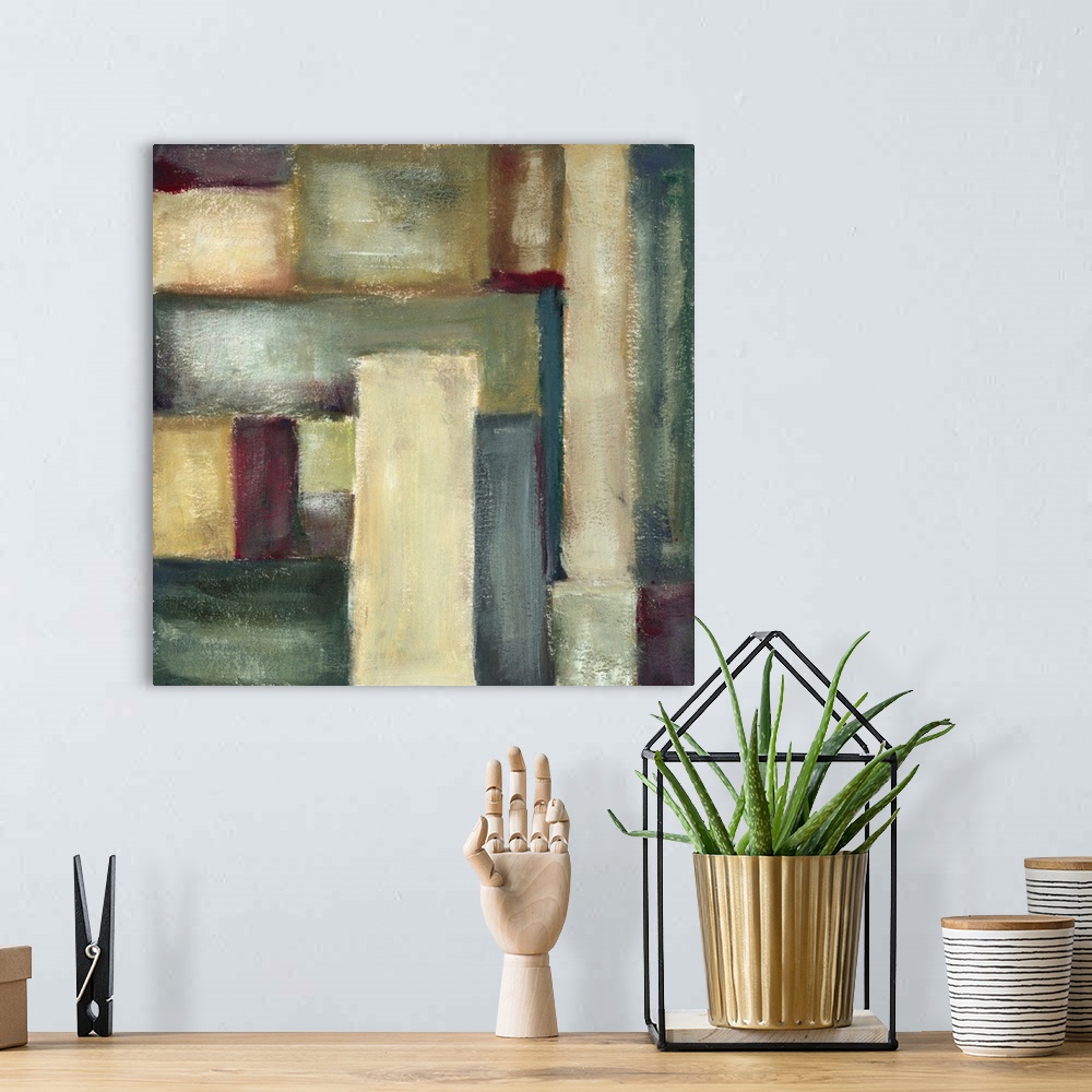 A bohemian room featuring Contemporary abstract painting of geometric shapes in muted tones.
