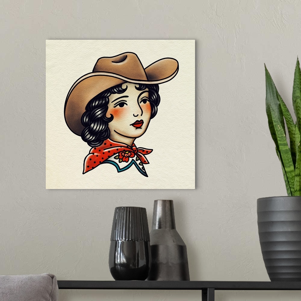 A modern room featuring Traditional Tattoo Cowgirl I