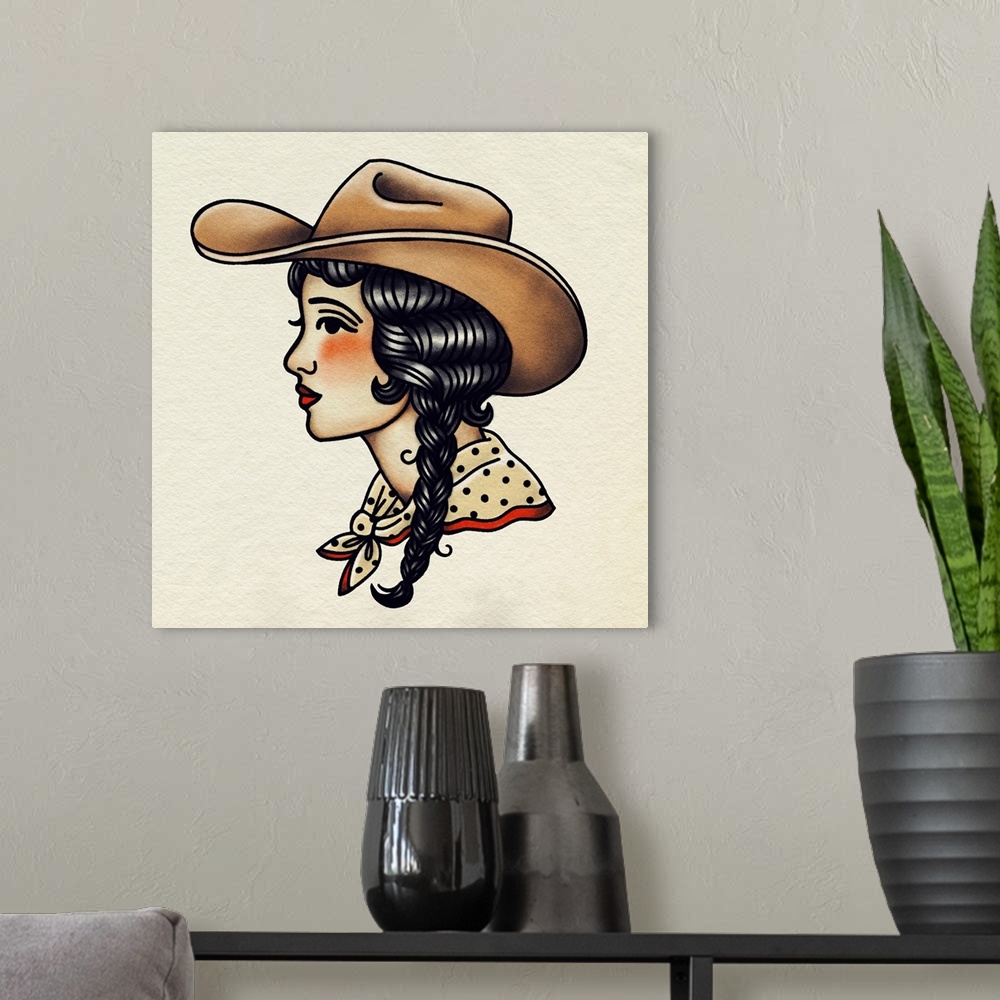 A modern room featuring Traditional Tattoo Cowgirl II