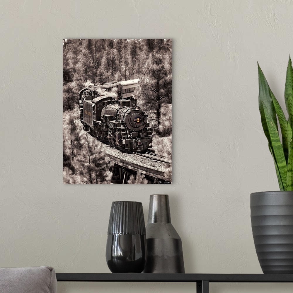 A modern room featuring Photograph of a locomotive train riding through a forest altered to a vintage effect.