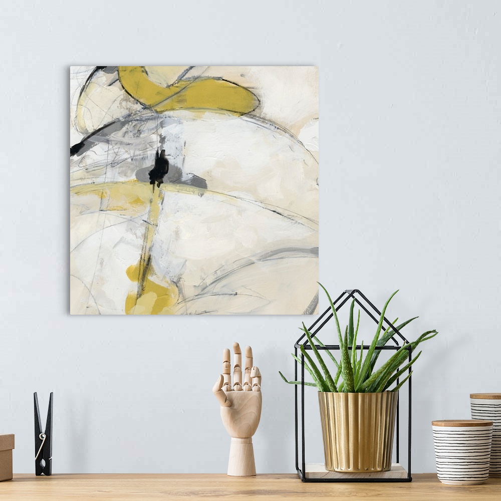 A bohemian room featuring Energetic yellow brush strokes and gestural lines illustrate the dynamism in this contemporary ar...