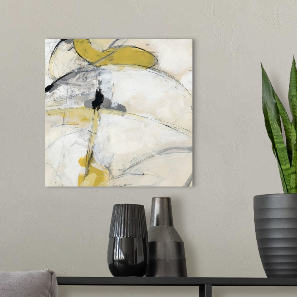 A modern room featuring Energetic yellow brush strokes and gestural lines illustrate the dynamism in this contemporary ar...