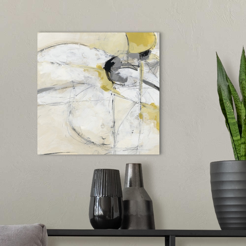 A modern room featuring Energetic yellow brush strokes and gestural lines illustrate the dynamism in this contemporary ar...