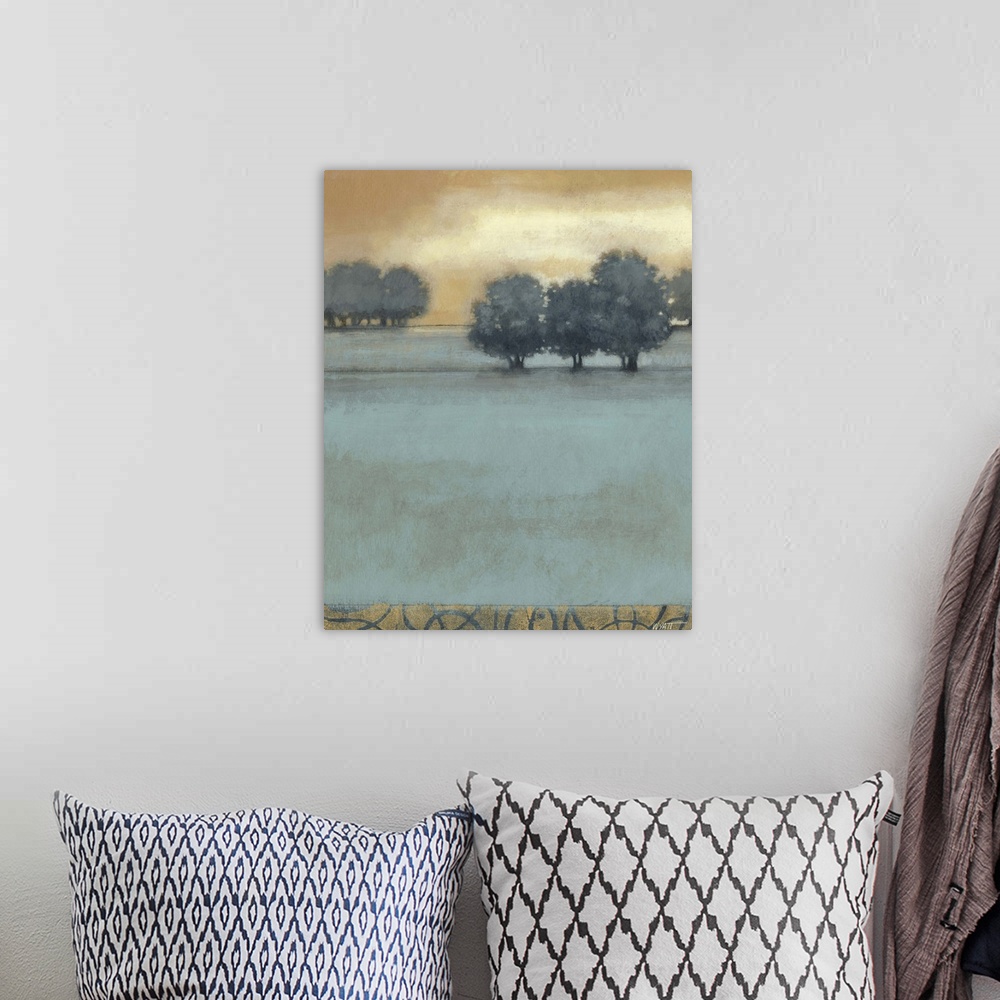 A bohemian room featuring Contemporary artwork of countryside landscape with pale blue field.