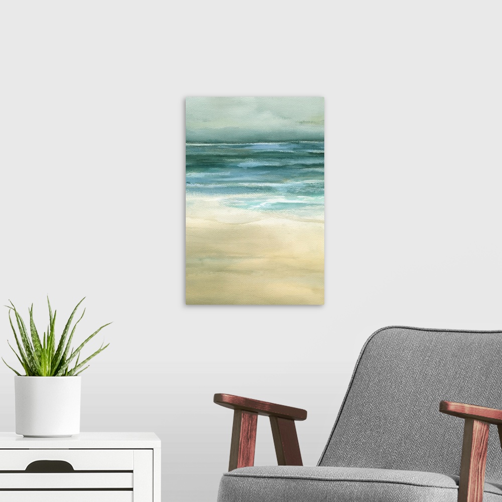 A modern room featuring Beautiful artwork of a seascape that uses duller colors to paint the ocean and sand.