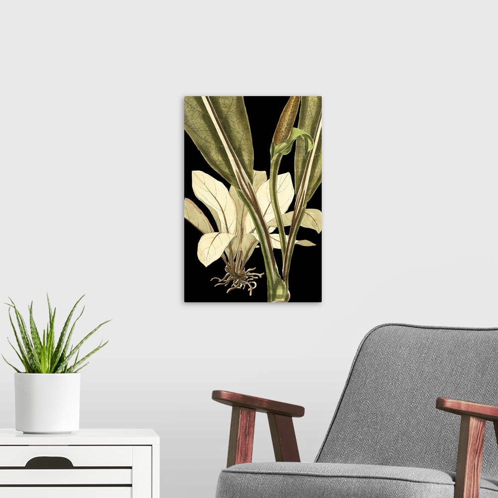 A modern room featuring Contemporary artwork of a floral illustration in a vintage style.