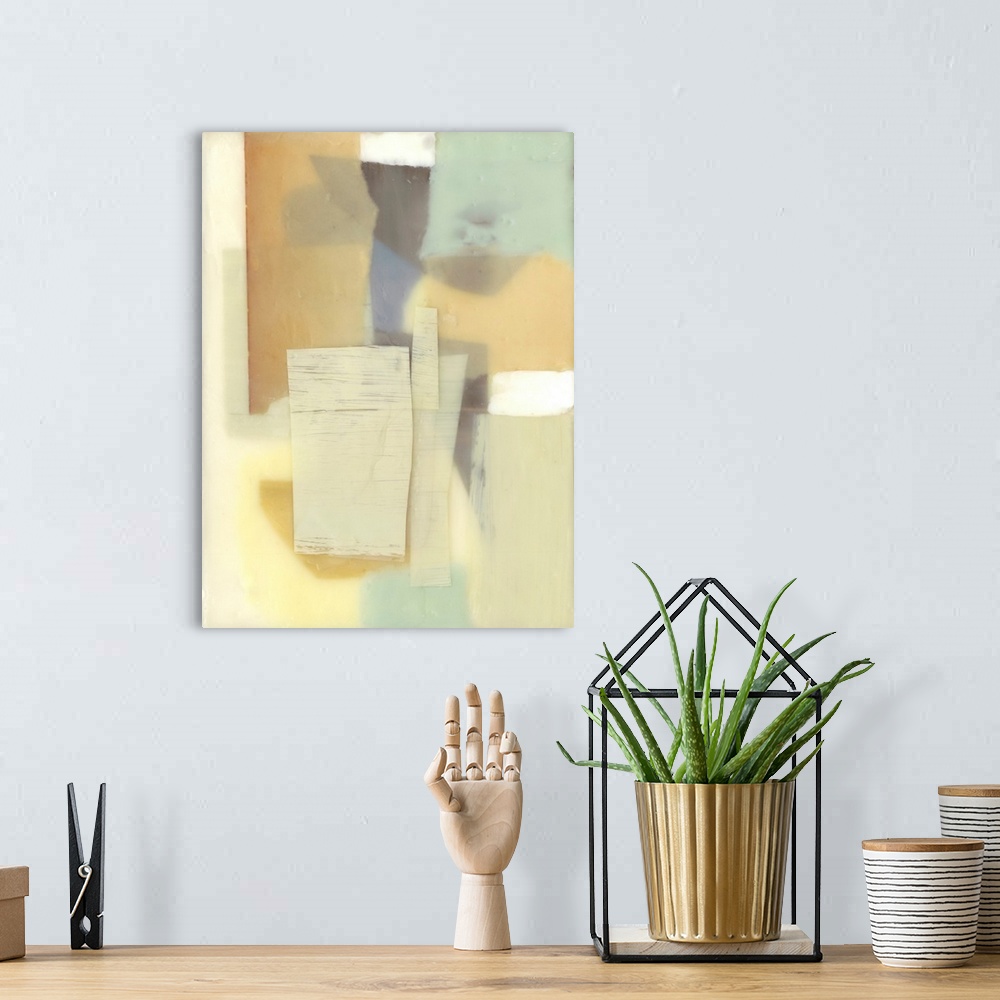 A bohemian room featuring Muted contemporary painting in yellow and grey, with soft, blurred edges.