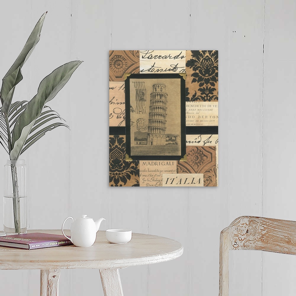 A farmhouse room featuring Mixed media collage of Italy and the Leaning Tower of Pisa, with hand-written and printed element...