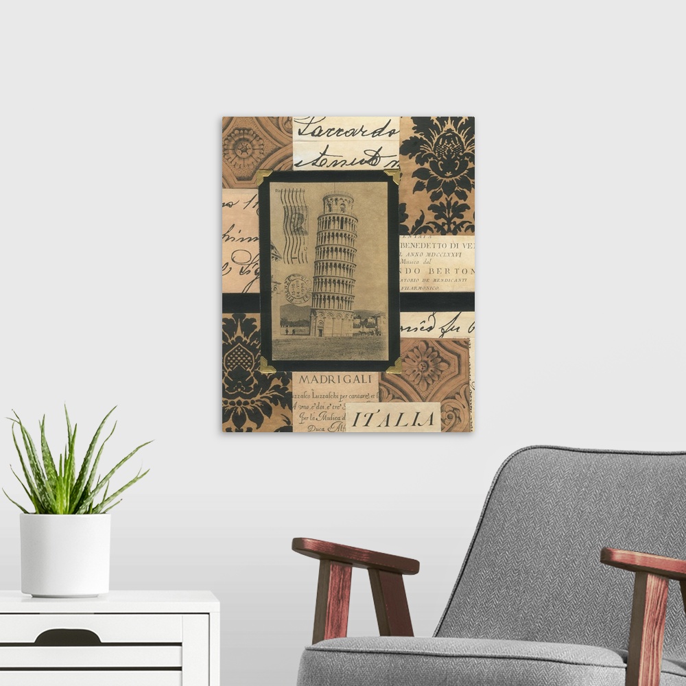 A modern room featuring Mixed media collage of Italy and the Leaning Tower of Pisa, with hand-written and printed element...
