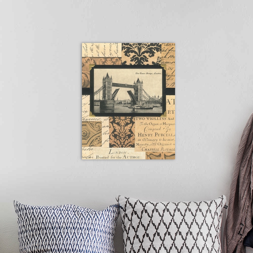 A bohemian room featuring Mixed media collage of the Tower Bridge, with hand-written and printed elements and damask