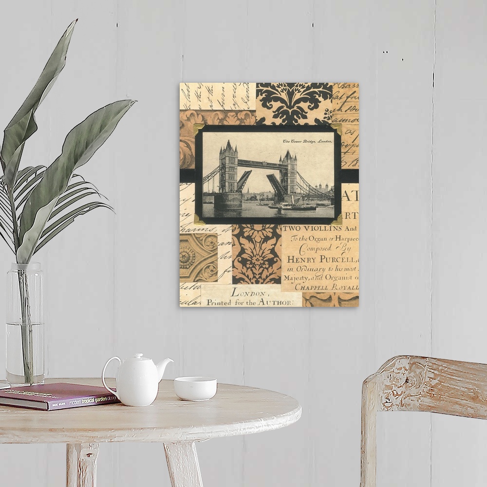 A farmhouse room featuring Mixed media collage of the Tower Bridge, with hand-written and printed elements and damask