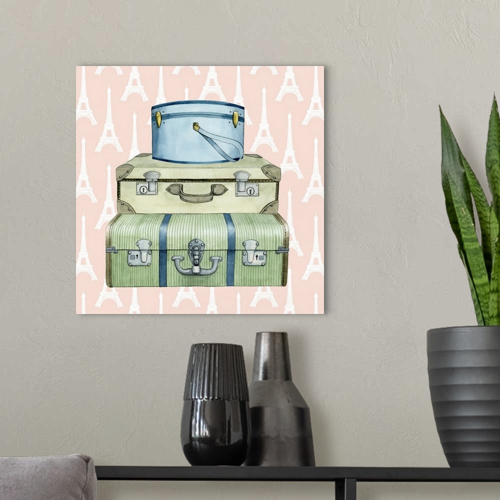 A modern room featuring Art print of three vintage suitcases on a pastel pink background with an Eiffel Tower pattern.
