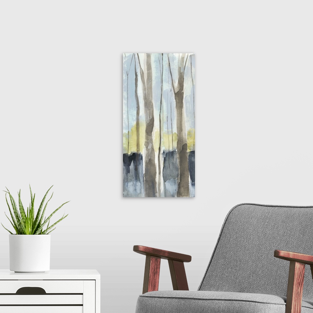 A modern room featuring Treeline Diptych I