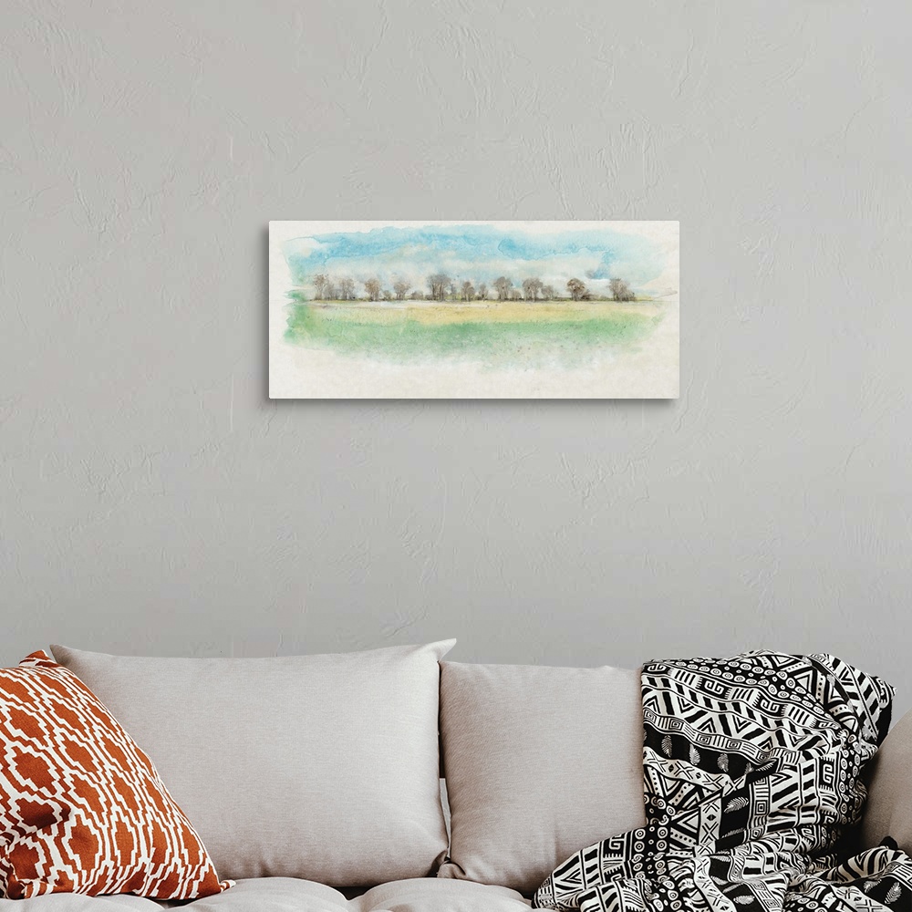 A bohemian room featuring Watercolor painting of a row of trees at the edge of a meadow.