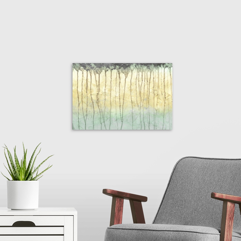 A modern room featuring This contemporary artwork features paint drips over a textured gradated background that signifies...