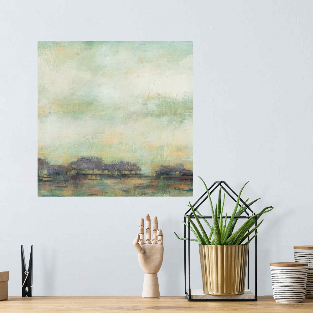 A bohemian room featuring Contemporary abstract painting using green and blue tones to create what looks like a countryside...