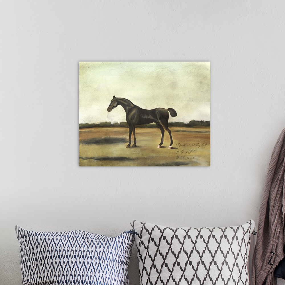 A bohemian room featuring Contemporary painting of a horse in a field, reminiscent of antique equestrian portraits.