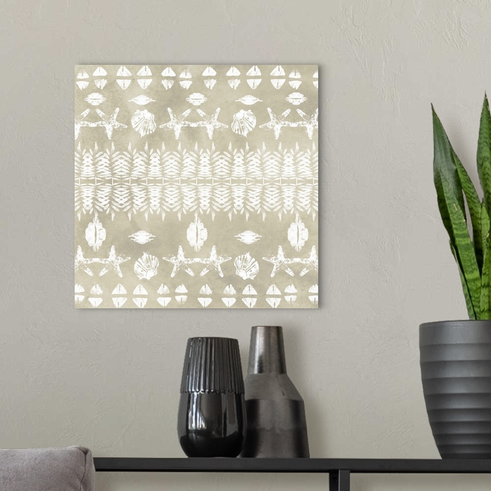 A modern room featuring White coastal illustrations resembling tribal patterns on a taupe background.