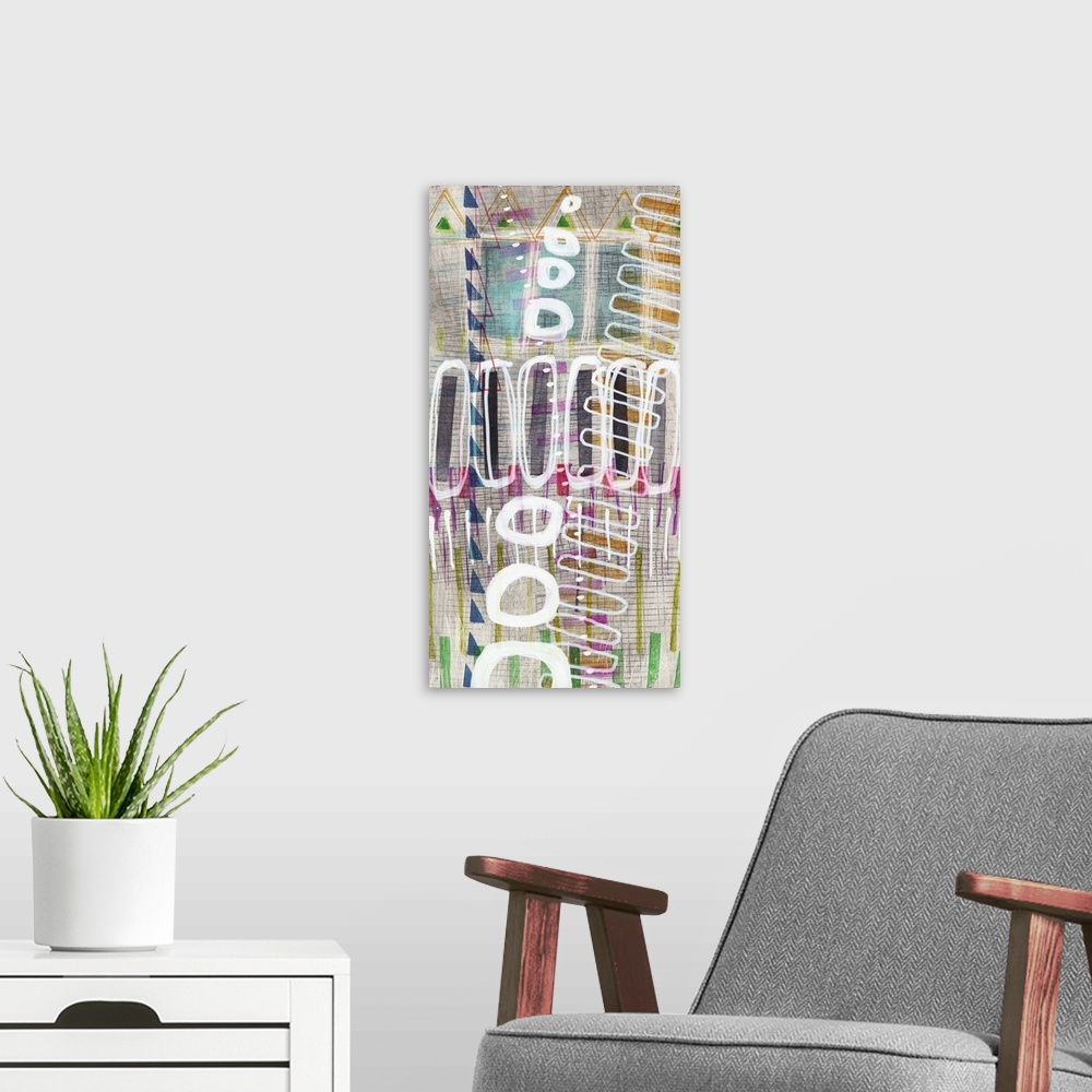 A modern room featuring Large panel abstract painting with colorful tribal designs and geometric shapes layered.