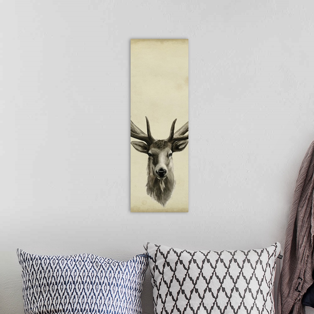 A bohemian room featuring Part of a triptych of a mounted elk and its antlers.