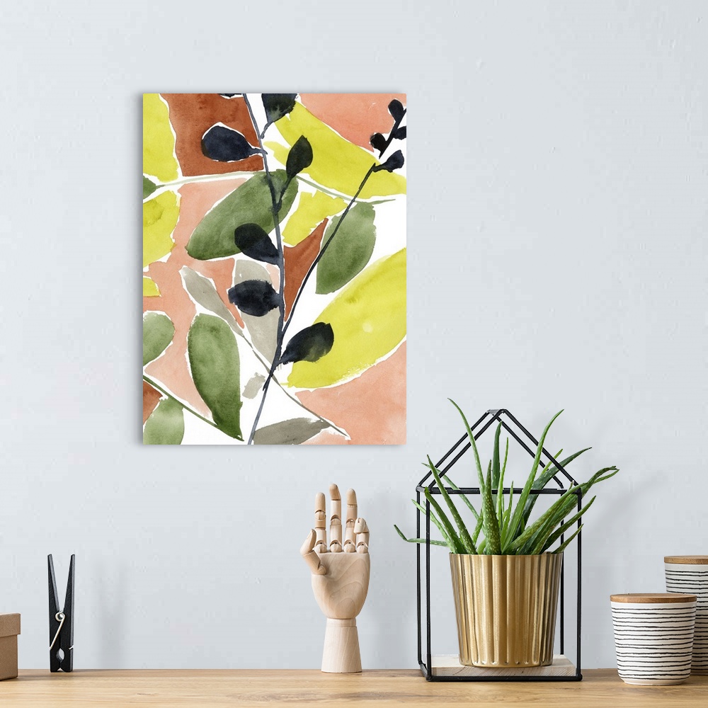 A bohemian room featuring Subdued tropical colors dance across this vertical contemporary artwork with a branch of black le...