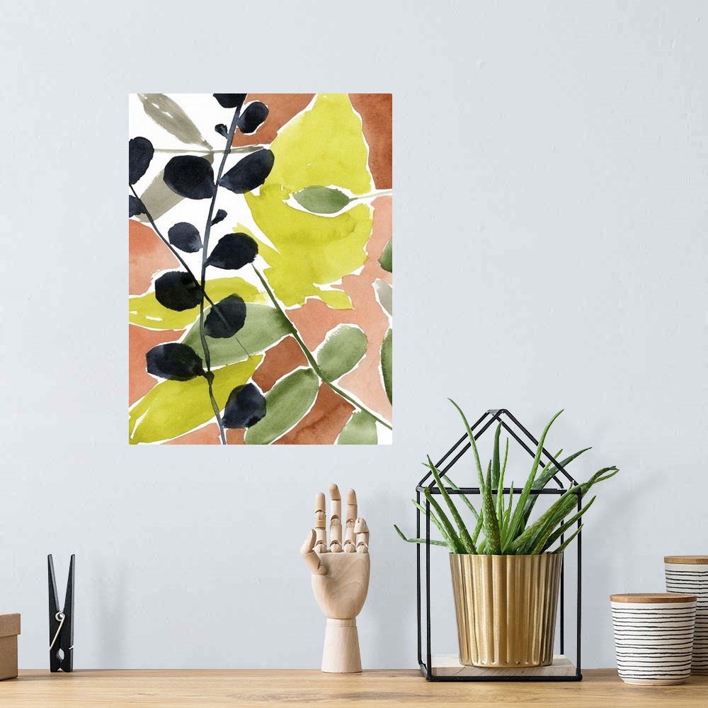 A bohemian room featuring Subdued tropical colors dance across this vertical contemporary artwork with a branch of black le...