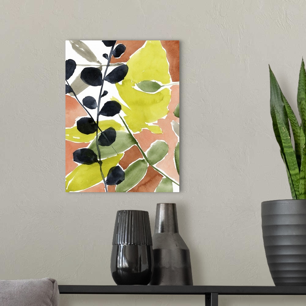 A modern room featuring Subdued tropical colors dance across this vertical contemporary artwork with a branch of black le...
