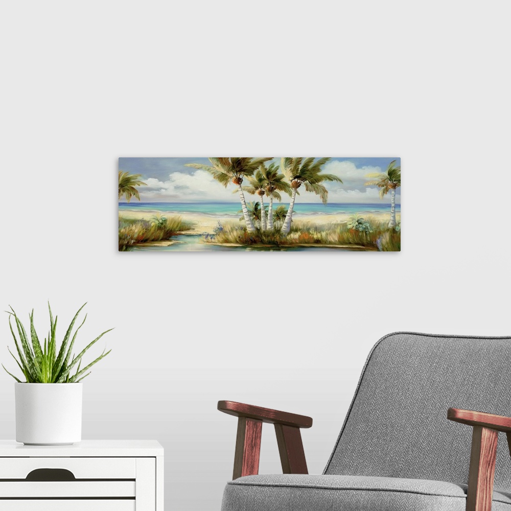 A modern room featuring Horizontal painting of coconut palm trees along the edge of the ocean.