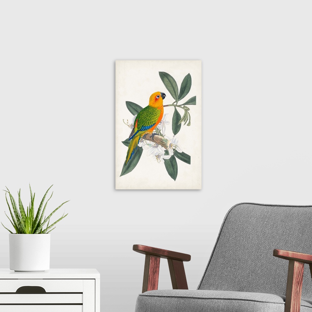 A modern room featuring Tropical Bird & Flower I