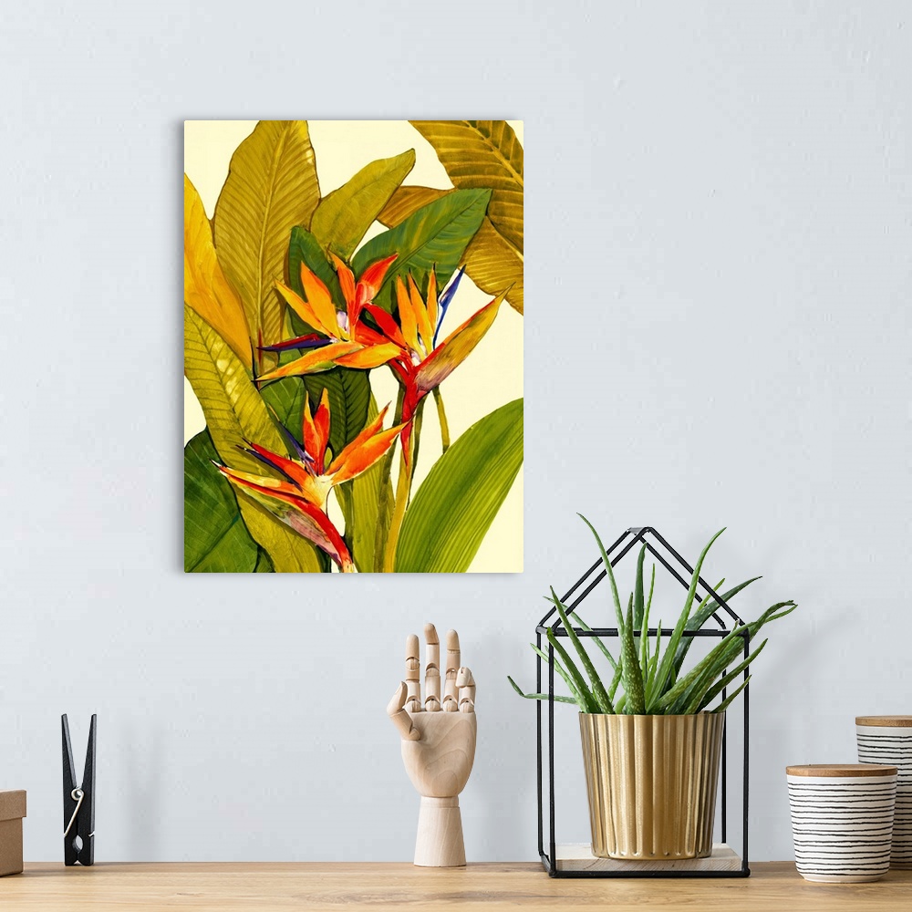 A bohemian room featuring A painting by a contemporary artist of tropical plants and flowers against blank backdrop in this...