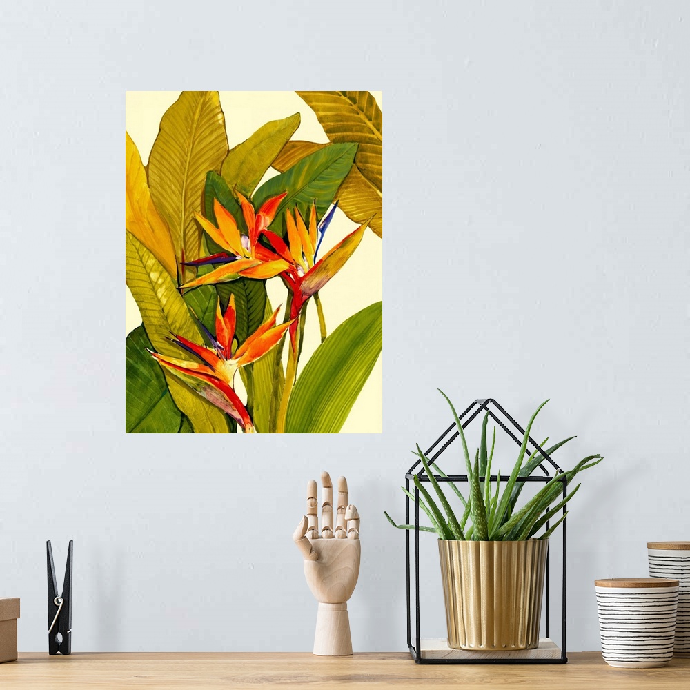 A bohemian room featuring A painting by a contemporary artist of tropical plants and flowers against blank backdrop in this...
