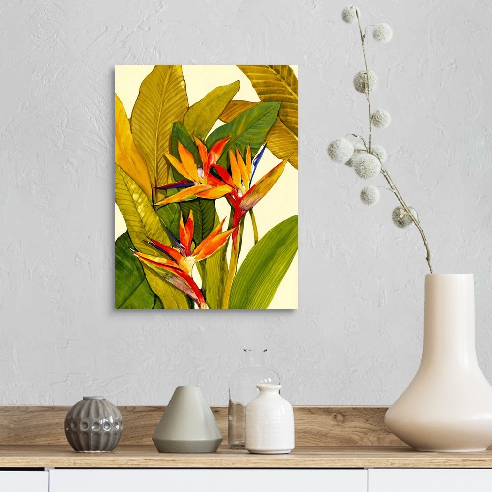 A farmhouse room featuring A painting by a contemporary artist of tropical plants and flowers against blank backdrop in this...