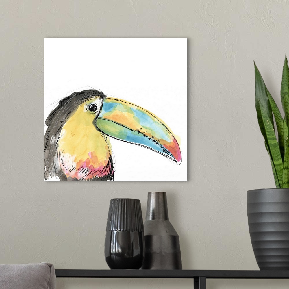 A modern room featuring Tropical Bird Portrait II