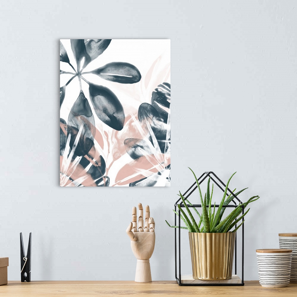 A bohemian room featuring A decorative watercolor design of overlapping tropical leaves in gray, pink and white.