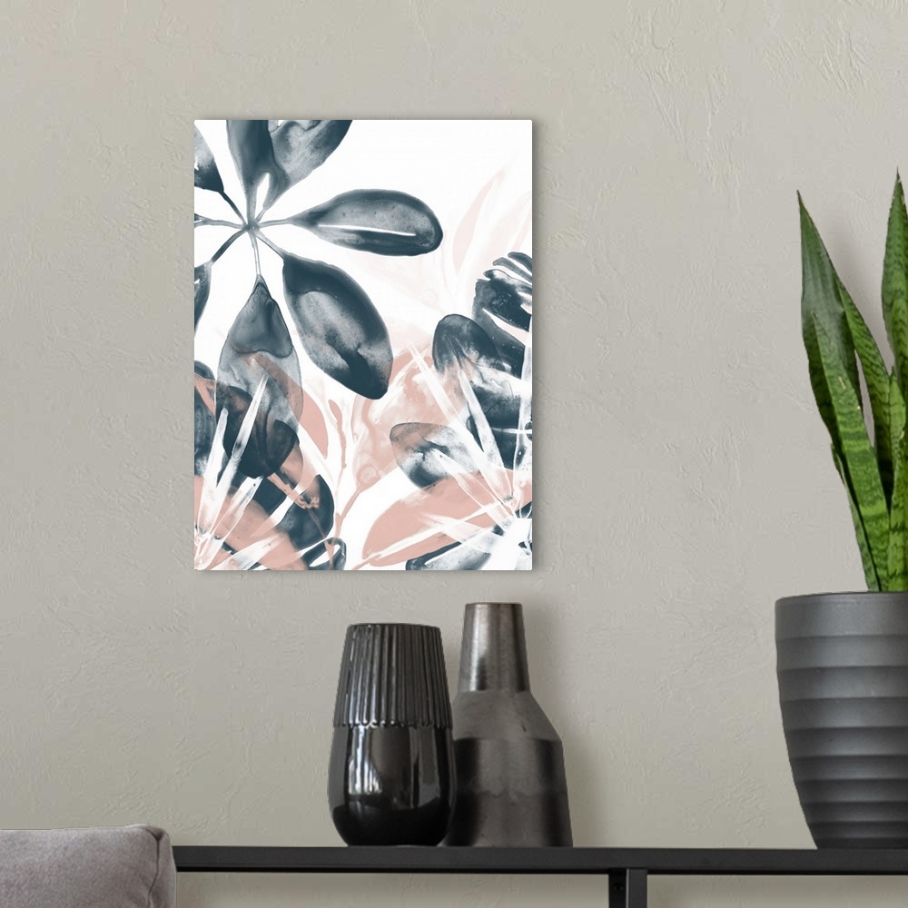 A modern room featuring A decorative watercolor design of overlapping tropical leaves in gray, pink and white.