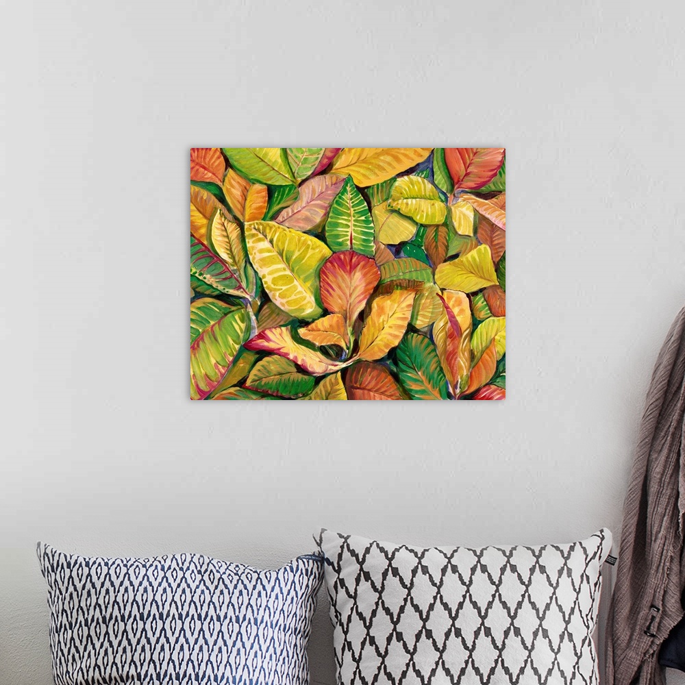 A bohemian room featuring Contemporary painting of a pile of colorful leaves, in green and pale red.
