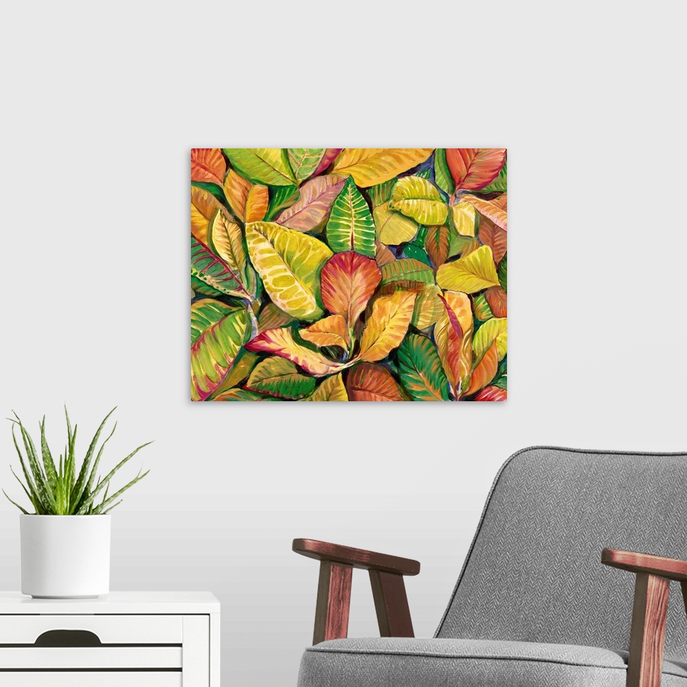 A modern room featuring Contemporary painting of a pile of colorful leaves, in green and pale red.