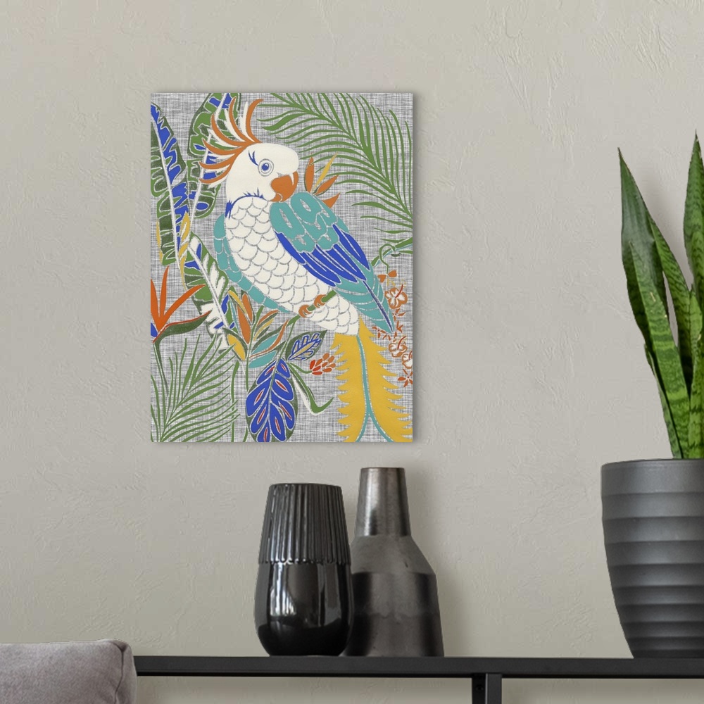A modern room featuring Contemporary artwork of a retro-style Cockatoo.