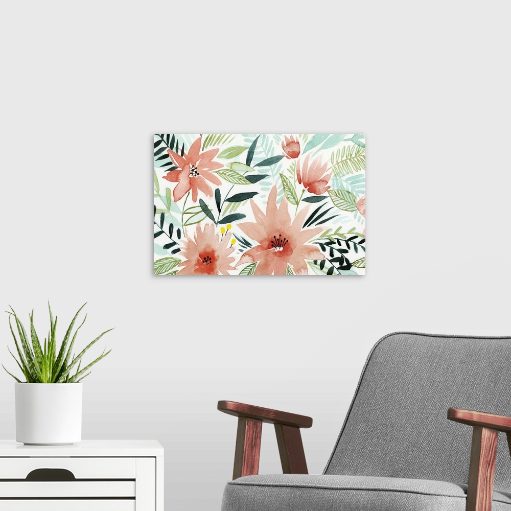 A modern room featuring Watercolor painting of tropical pink flowers surrounded by green and blue leaves and greenery wit...