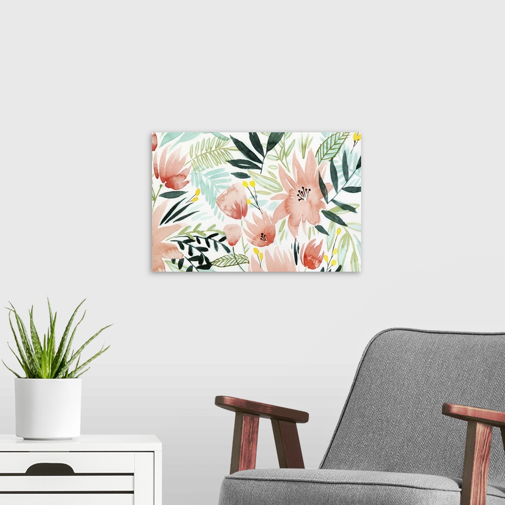 A modern room featuring Watercolor painting of tropical pink flowers surrounded by green and blue leaves and greenery wit...