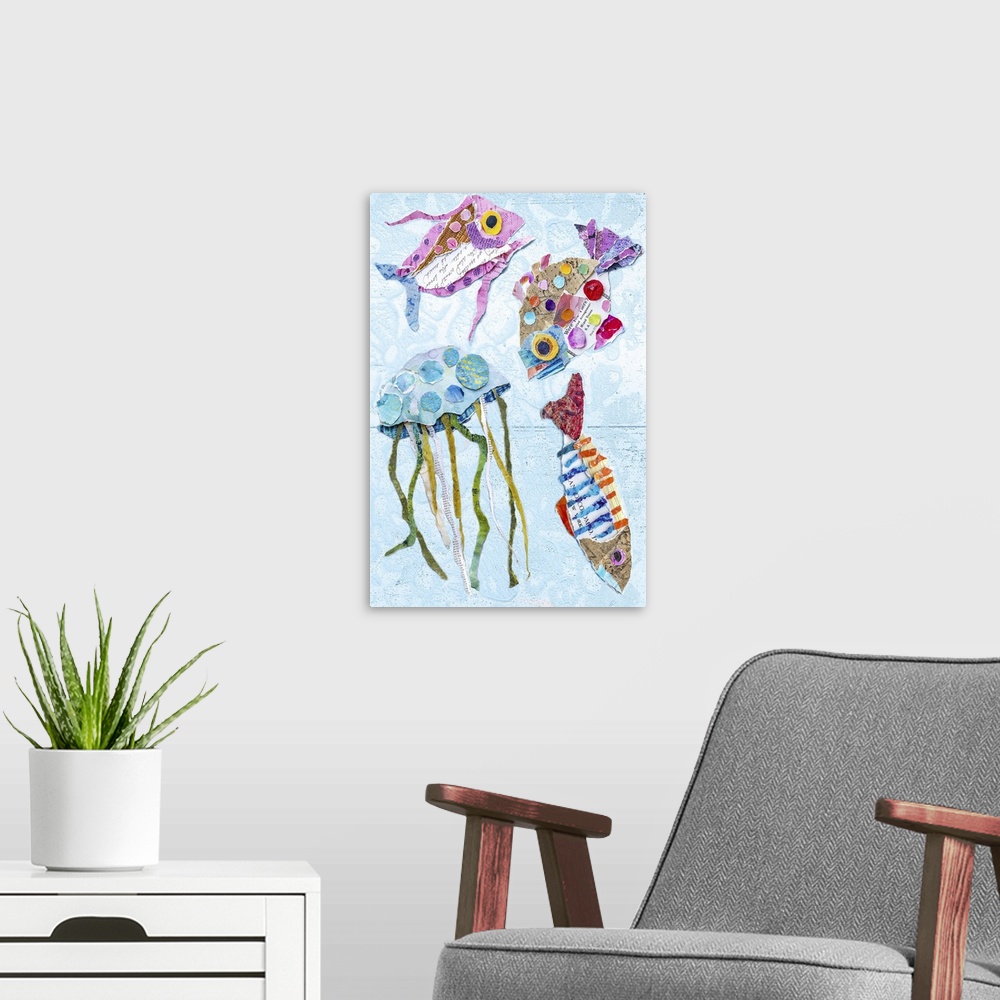 A modern room featuring Tropical Fish Collage III