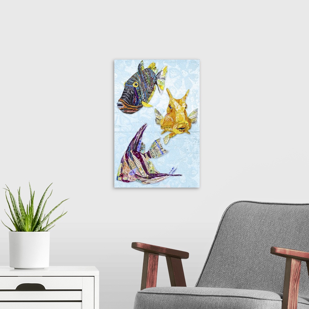 A modern room featuring Tropical Fish Collage IV