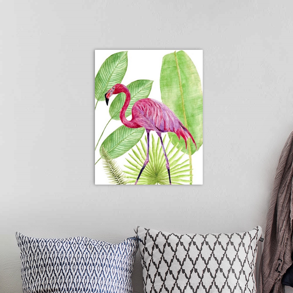 A bohemian room featuring Artwork of a brightly colored flamingo against tropical green leaves.