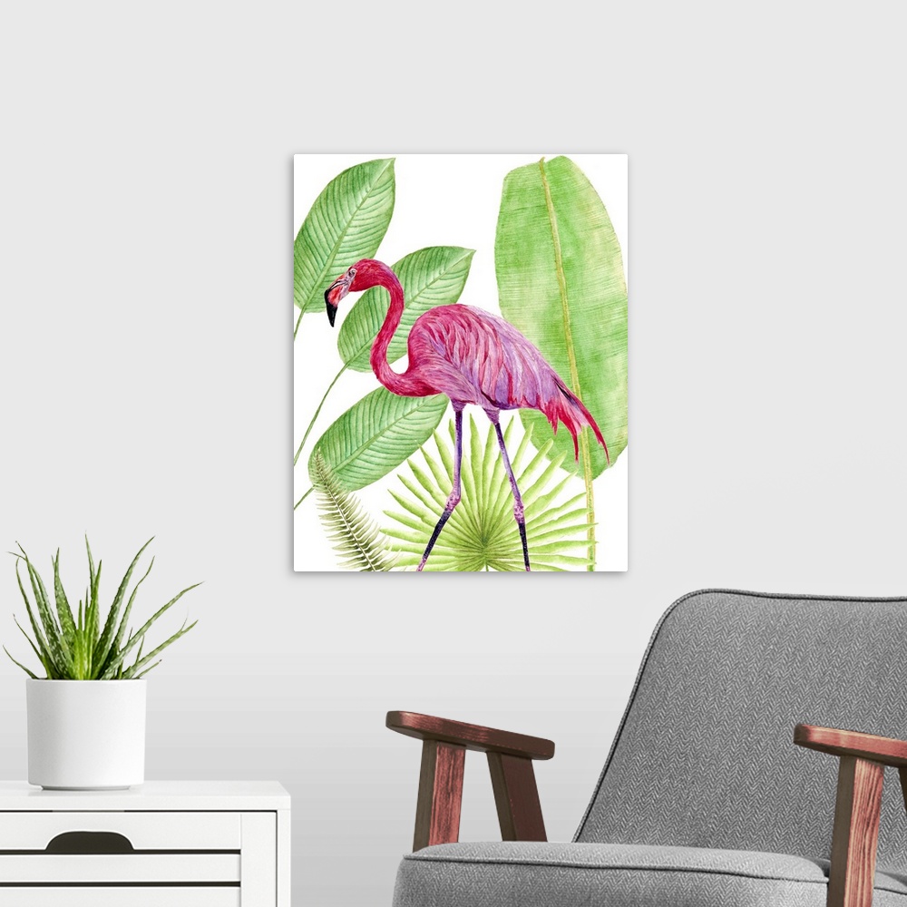 A modern room featuring Artwork of a brightly colored flamingo against tropical green leaves.