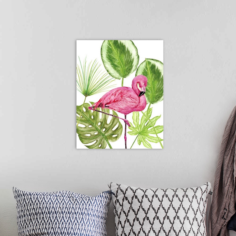A bohemian room featuring Artwork of a brightly colored flamingo against tropical green leaves.