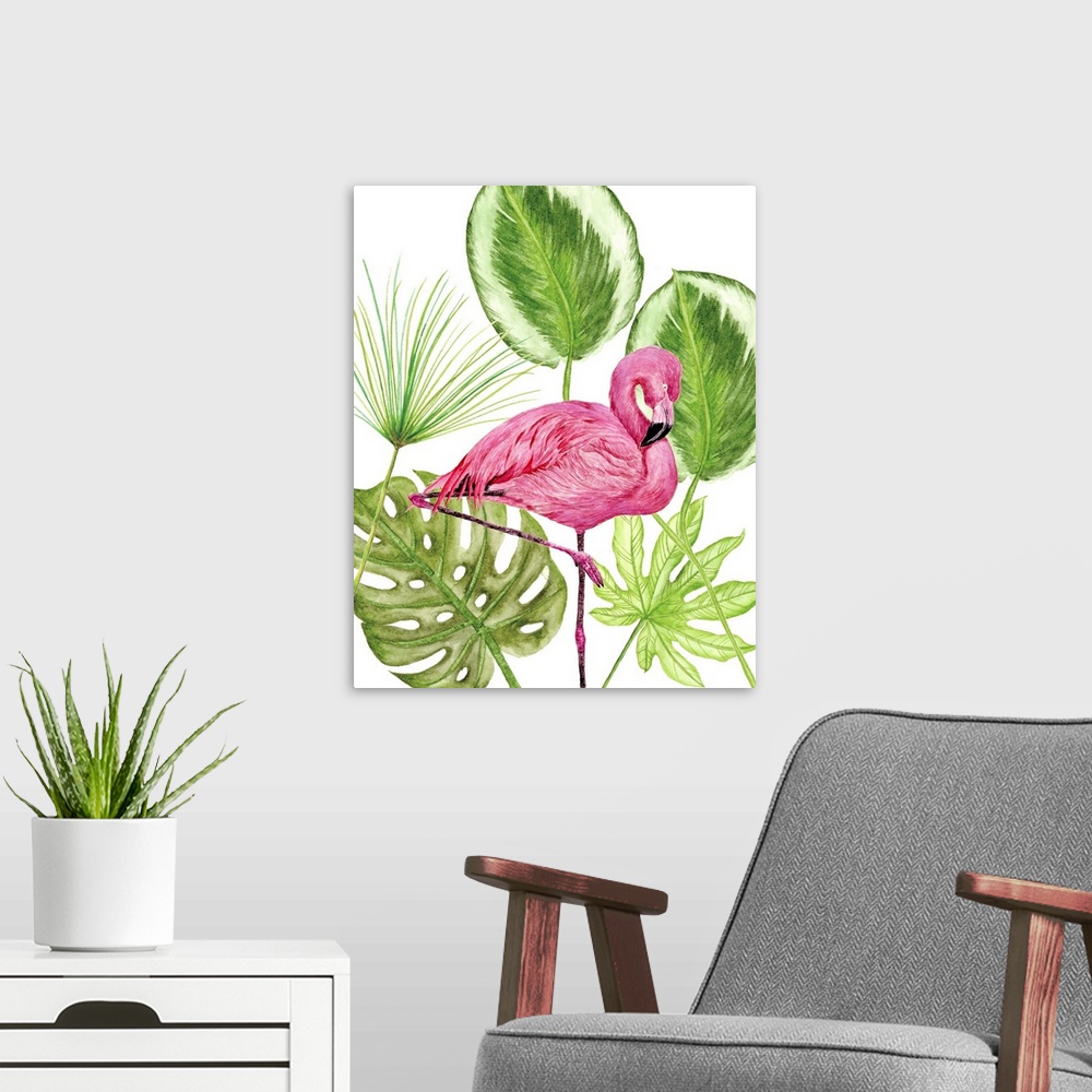 A modern room featuring Artwork of a brightly colored flamingo against tropical green leaves.
