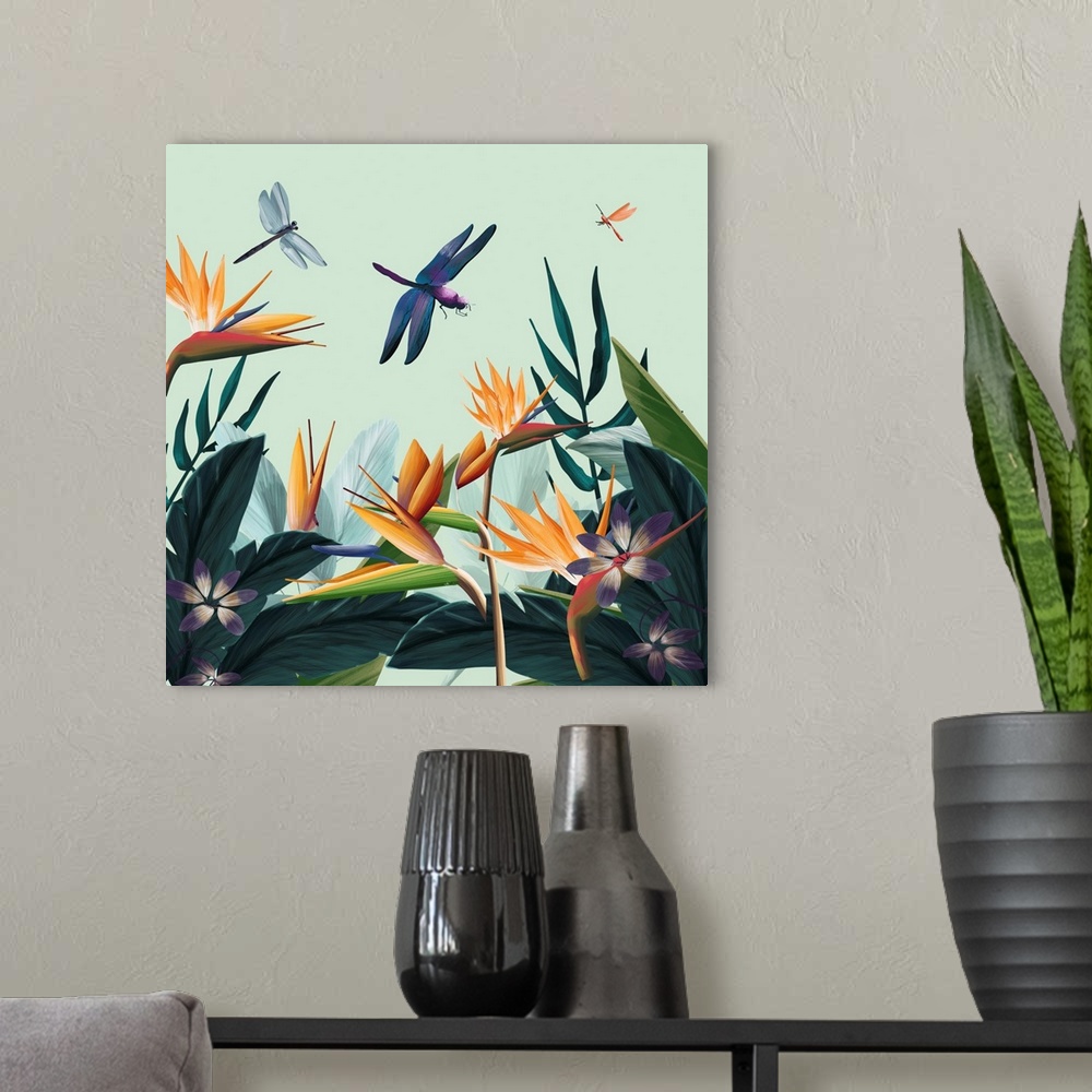 A modern room featuring Tropical Flowers III