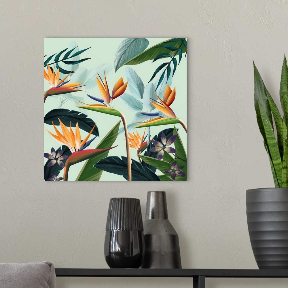 A modern room featuring Tropical Flowers IV